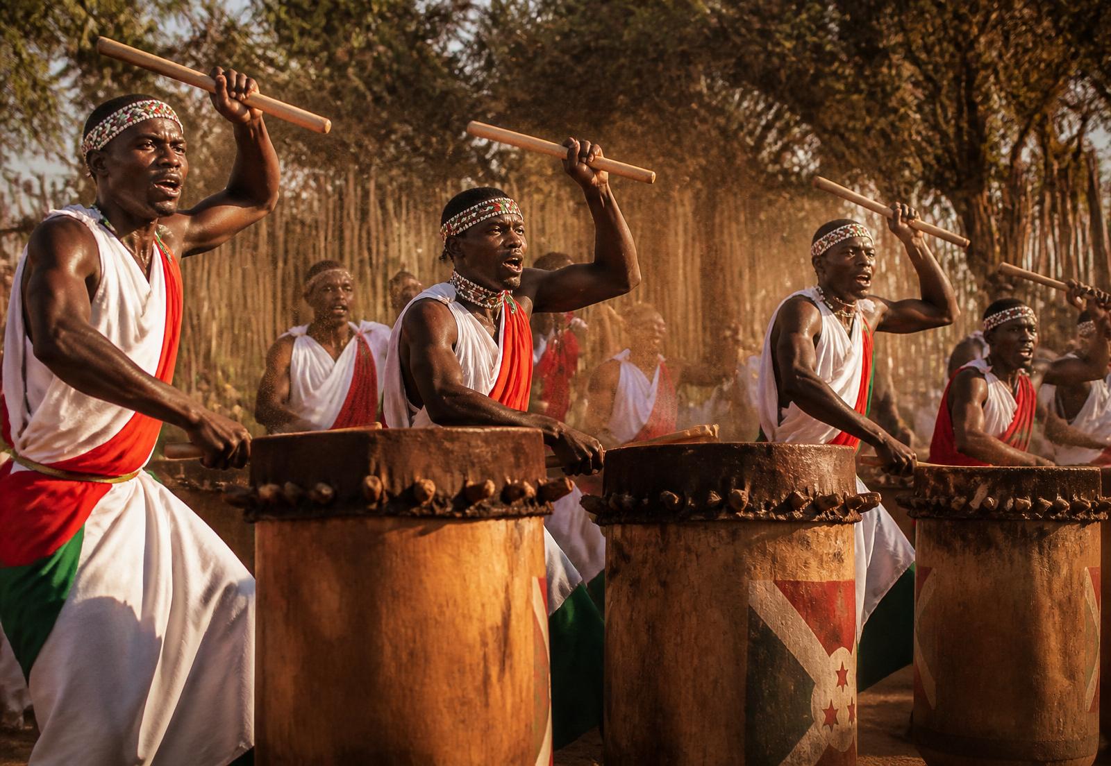 Traditional Burundian royal drummers performing at Gishora
