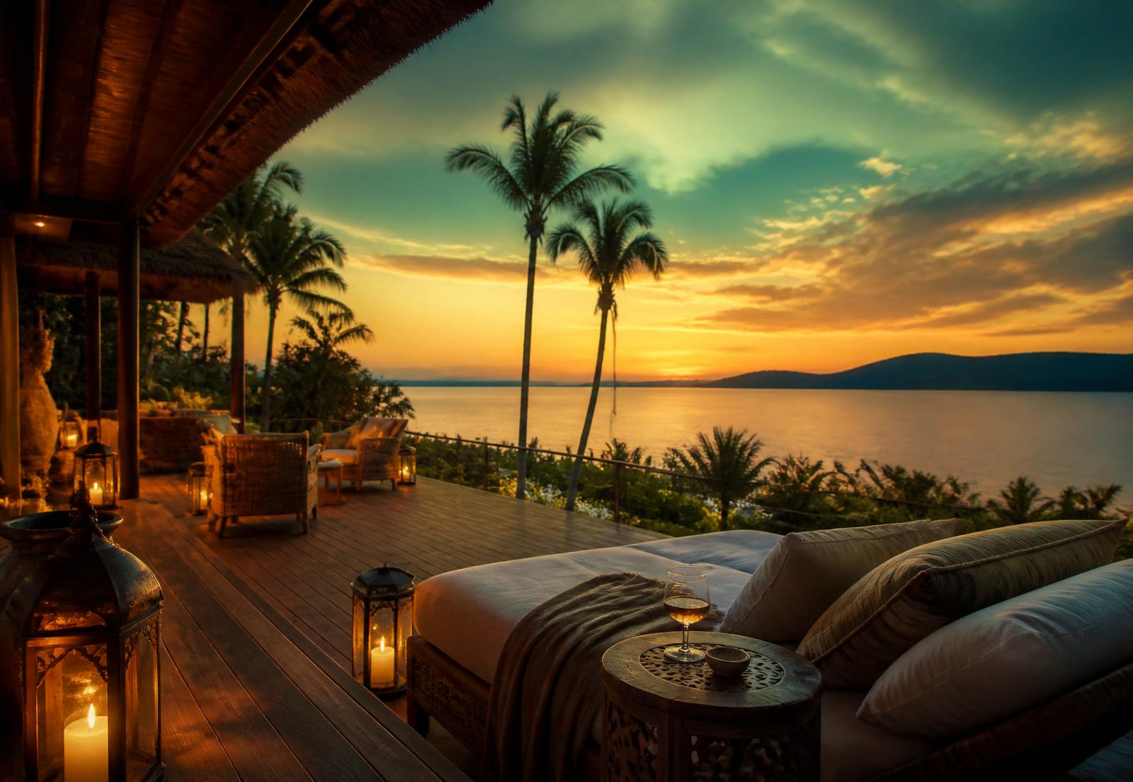 Lantern-lit lakeside terrace at a Burundi lodge at sunset