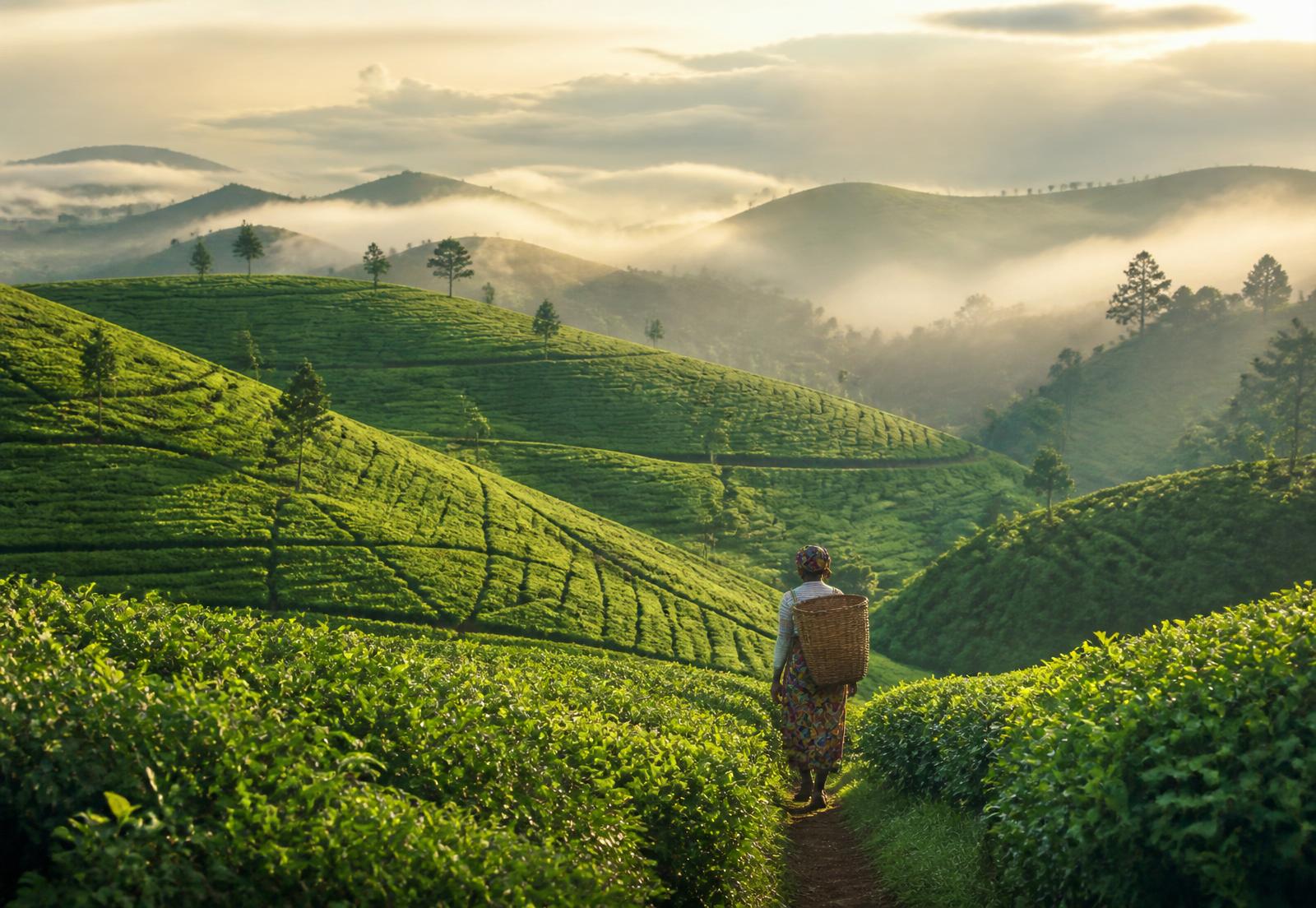 A worker walking through the misty tea plantations of Teza