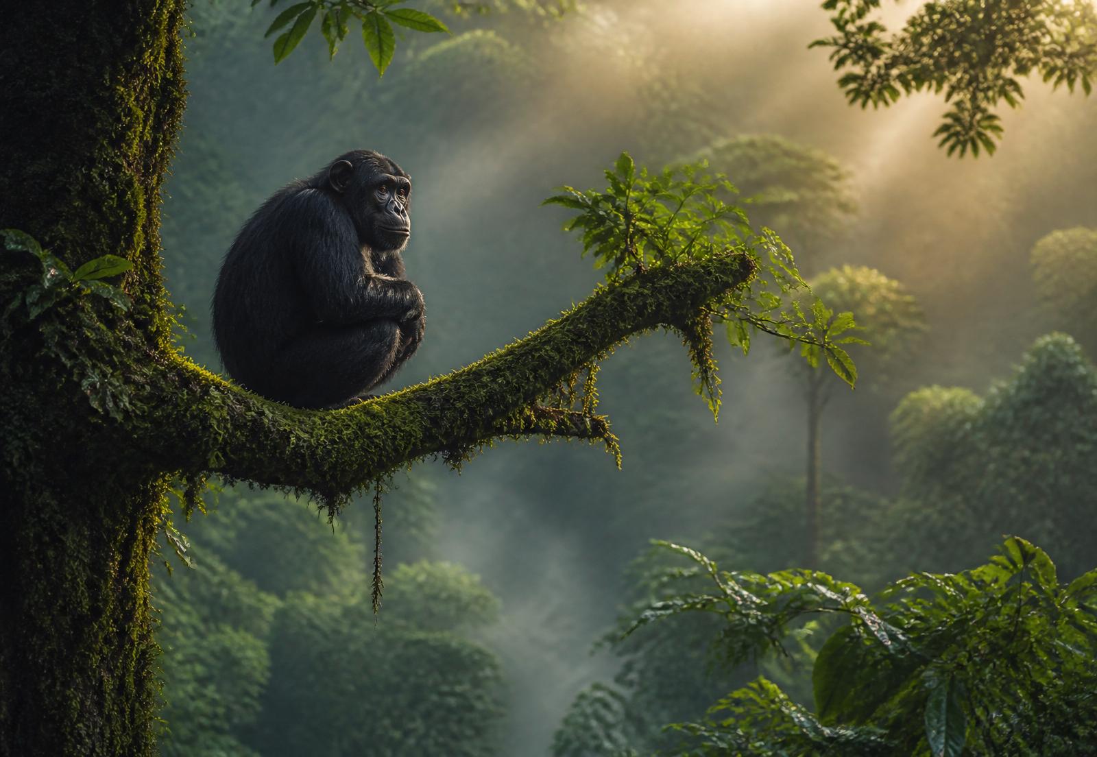A chimpanzee resting on a moss-covered branch in Kibira National Park